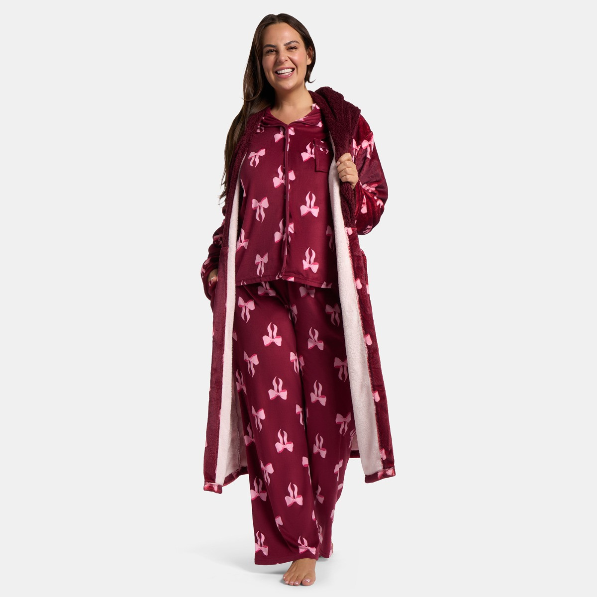 OHS Bow Print Dressing Gown, Adults - Burgundy>