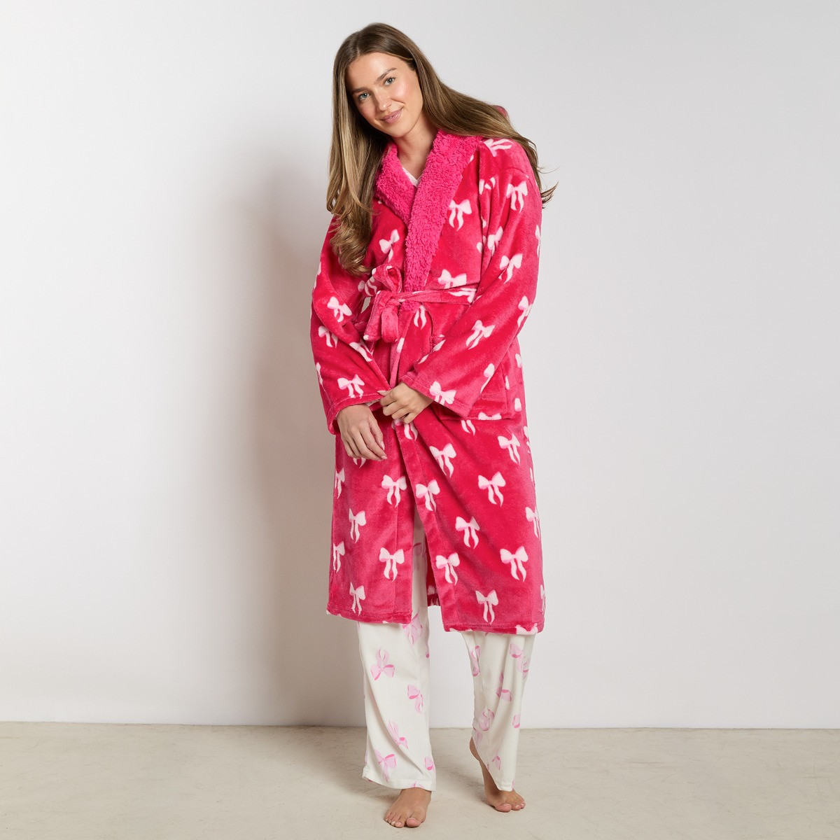 OHS Bow Print Dressing Gown, Adults - Hot Pink>