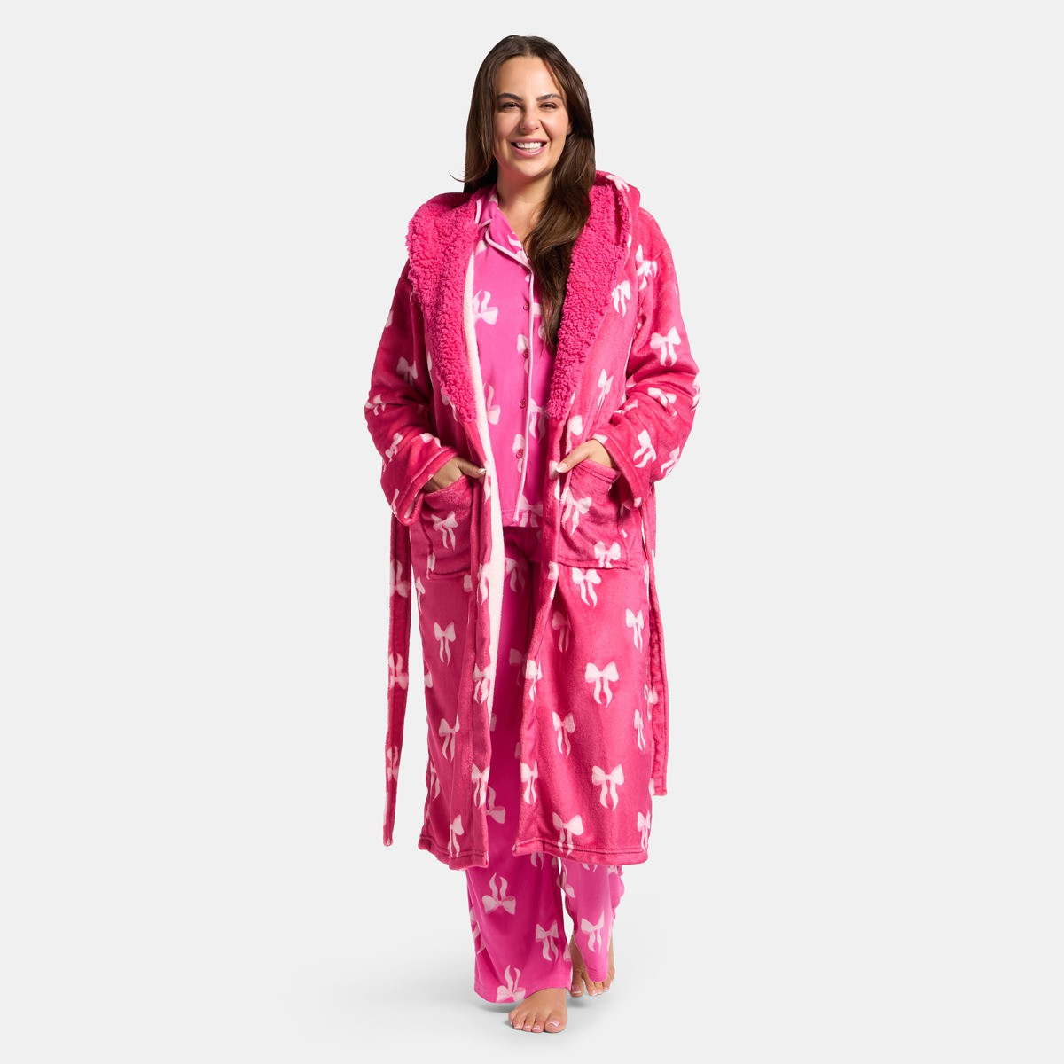 OHS Bow Print Dressing Gown, Adults - Hot Pink>