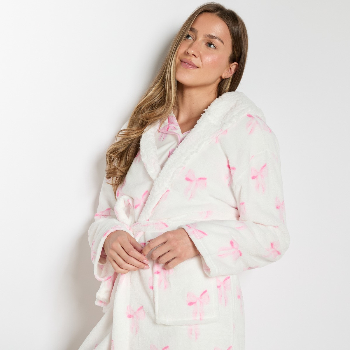 OHS Bow Print Dressing Gown, Adults - White>