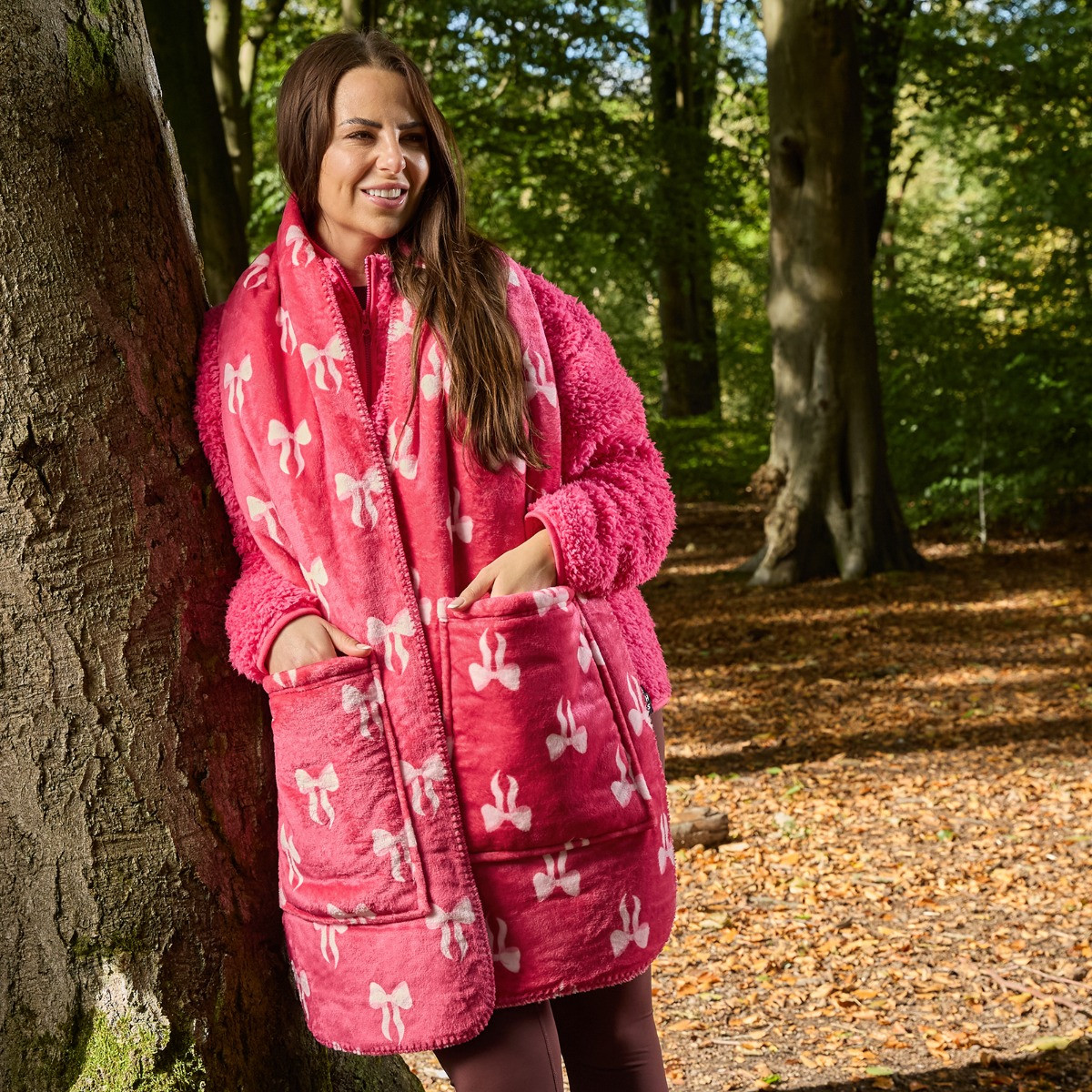 OHS Bow Print Fleece Pocket Scarf - Hot Pink>