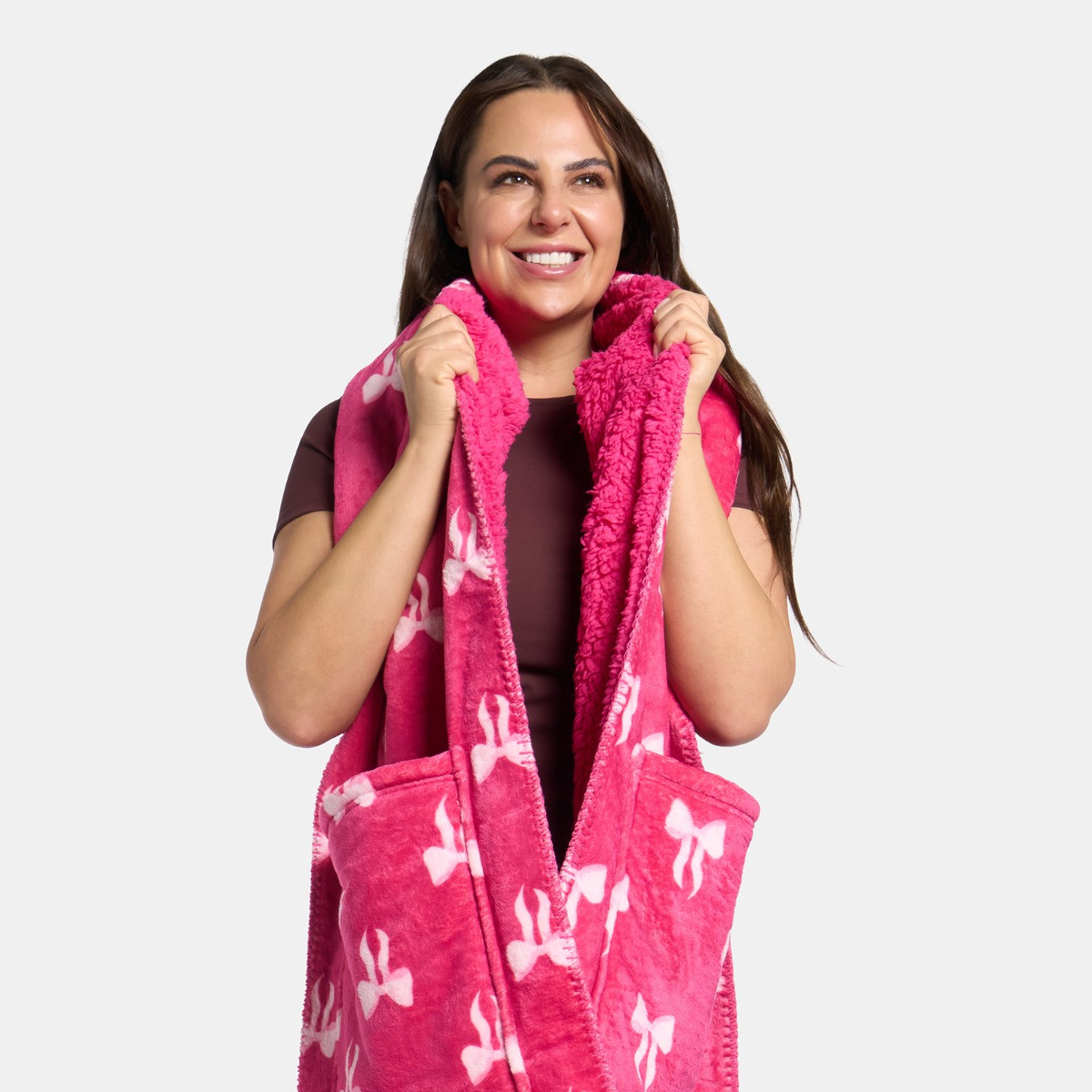 OHS Bow Print Fleece Pocket Scarf - Hot Pink>