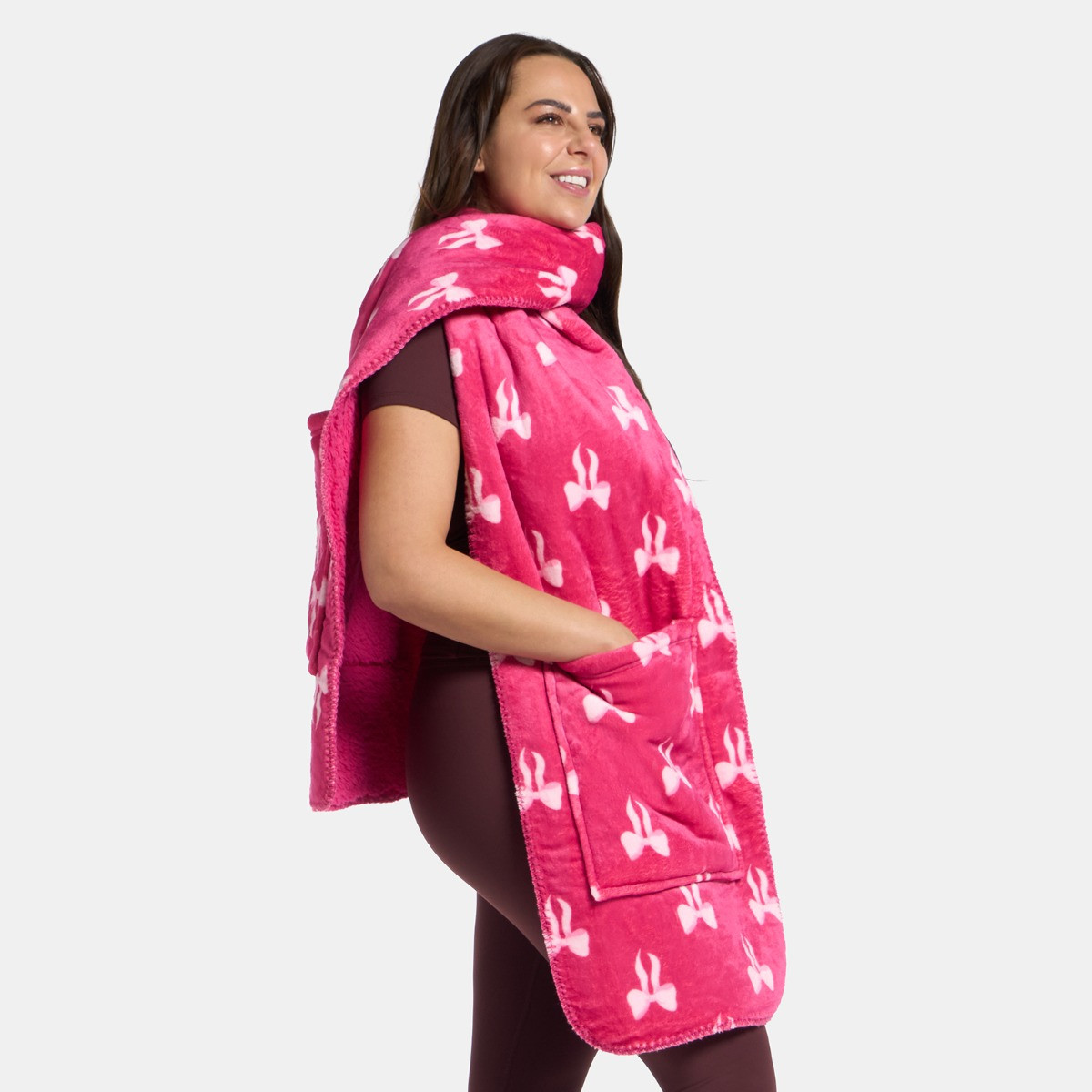 OHS Bow Print Fleece Pocket Scarf - Hot Pink>