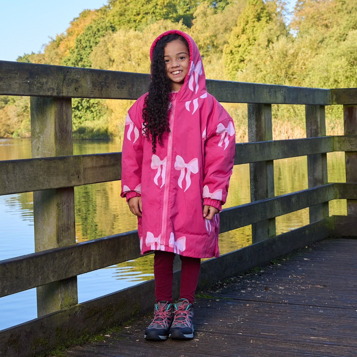 OHS Kids Water Resistant Bow Print Sherpa Drying Robe, Pink - Large/Extra Large>