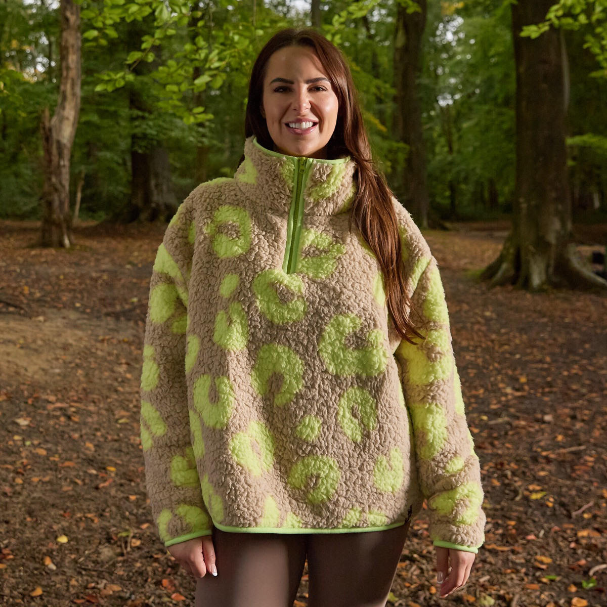 OHS Teddy Abstract Leopard Print Half Zip Fleece - Natural/Neon>