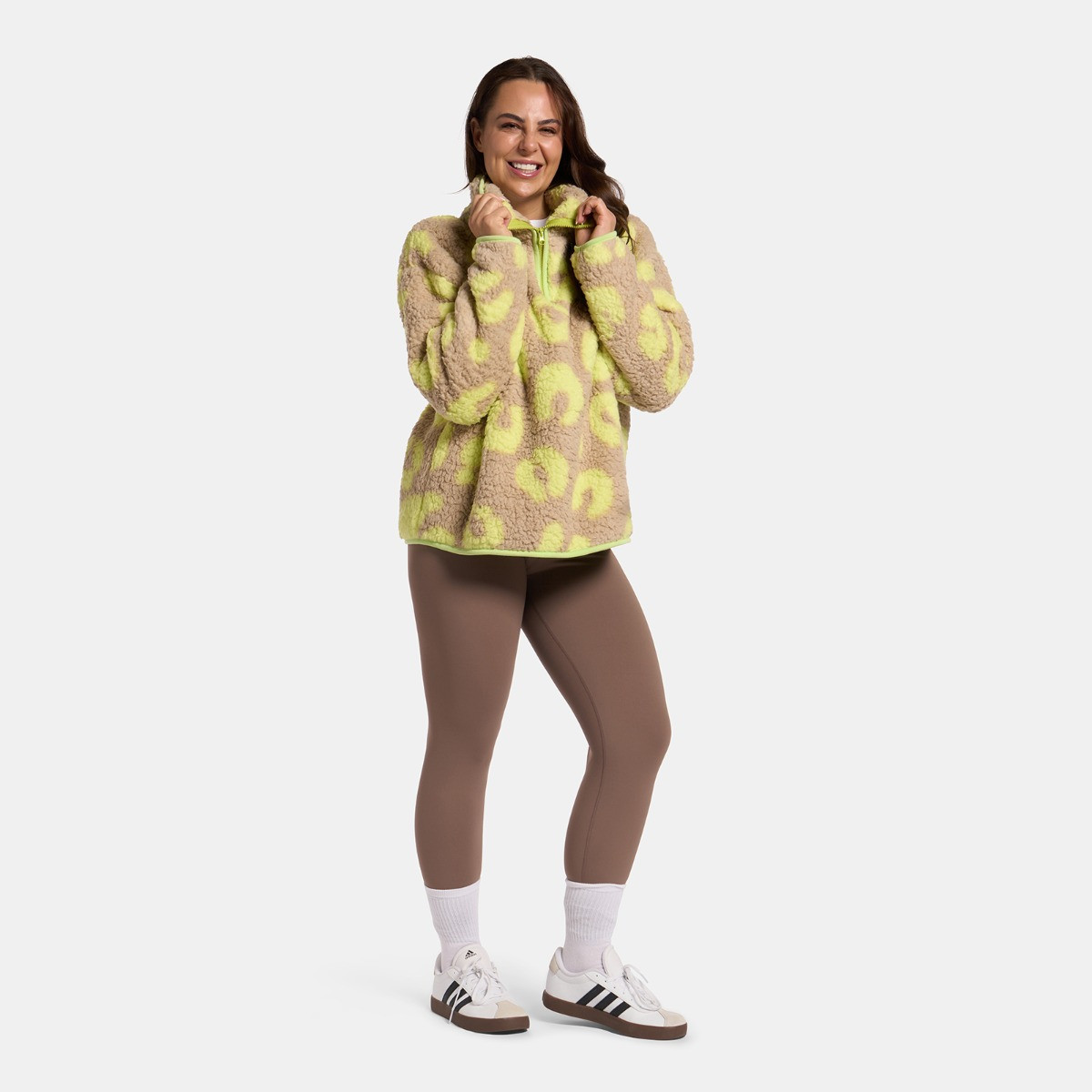OHS Teddy Abstract Leopard Print Half Zip Fleece, Natural/Neon - Small/Medium>