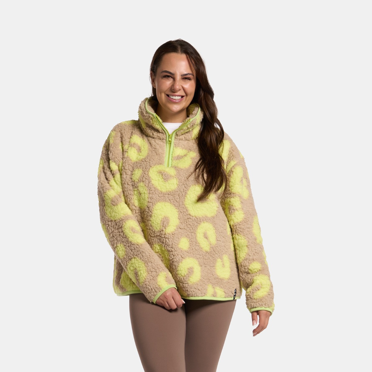 OHS Teddy Abstract Leopard Print Half Zip Fleece - Natural/Neon>