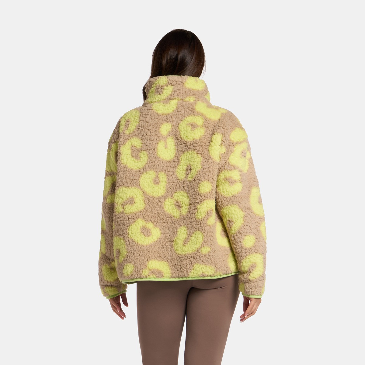 OHS Teddy Abstract Leopard Print Half Zip Fleece, Natural/Neon - Small/Medium>
