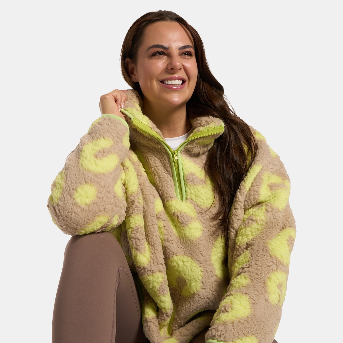 OHS Teddy Abstract Leopard Print Half Zip Fleece, Natural/Neon - Small/Medium>