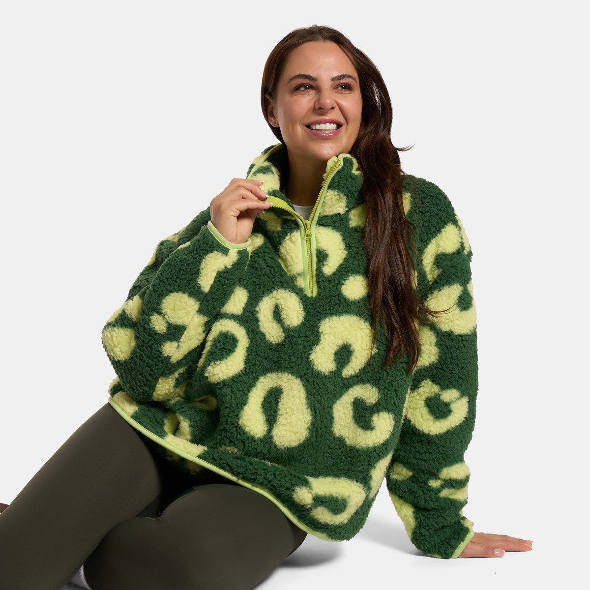 OHS Teddy Abstract Leopard Print Half Zip Fleece, Green - Small/Medium>