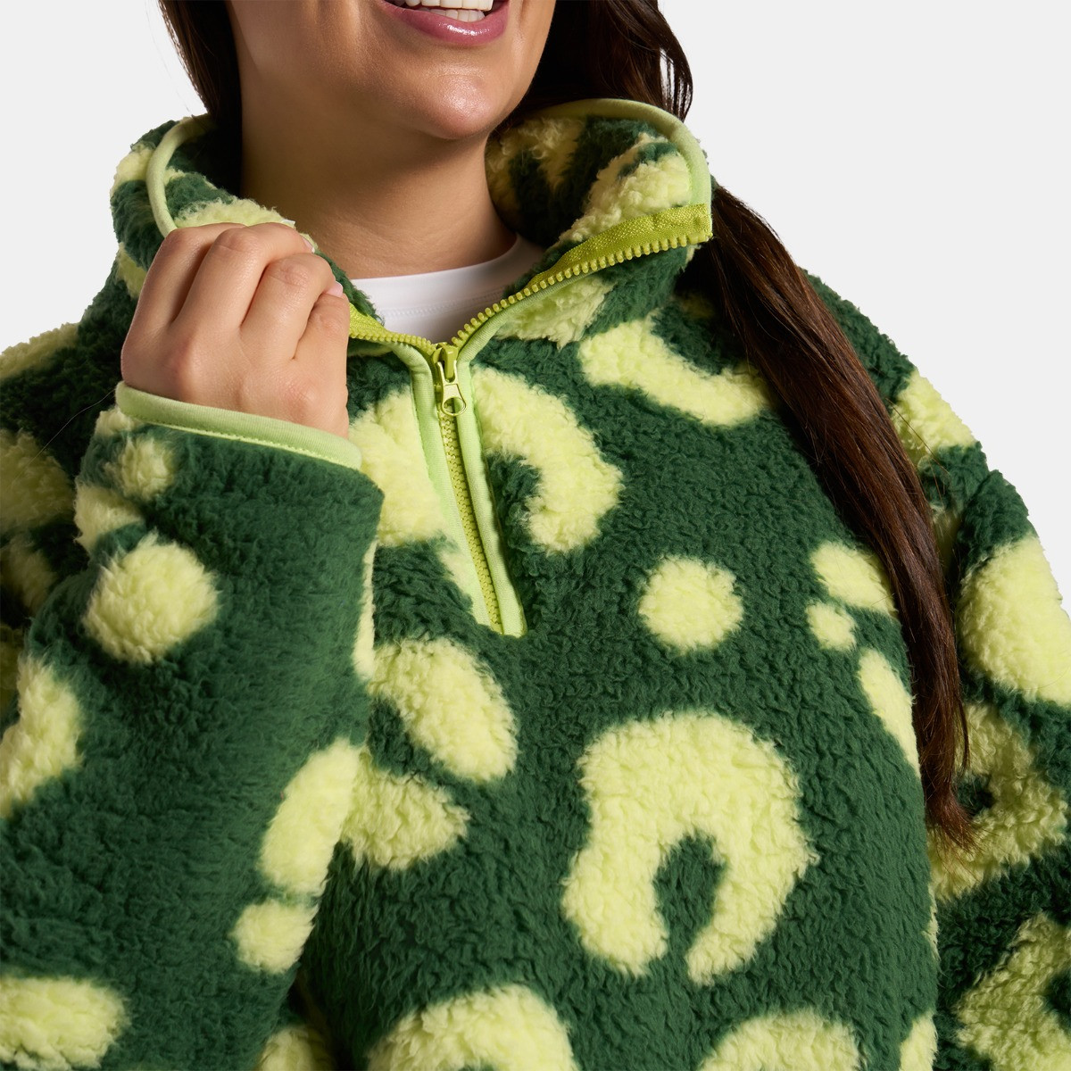 OHS Teddy Abstract Leopard Print Half Zip Fleece - Green>