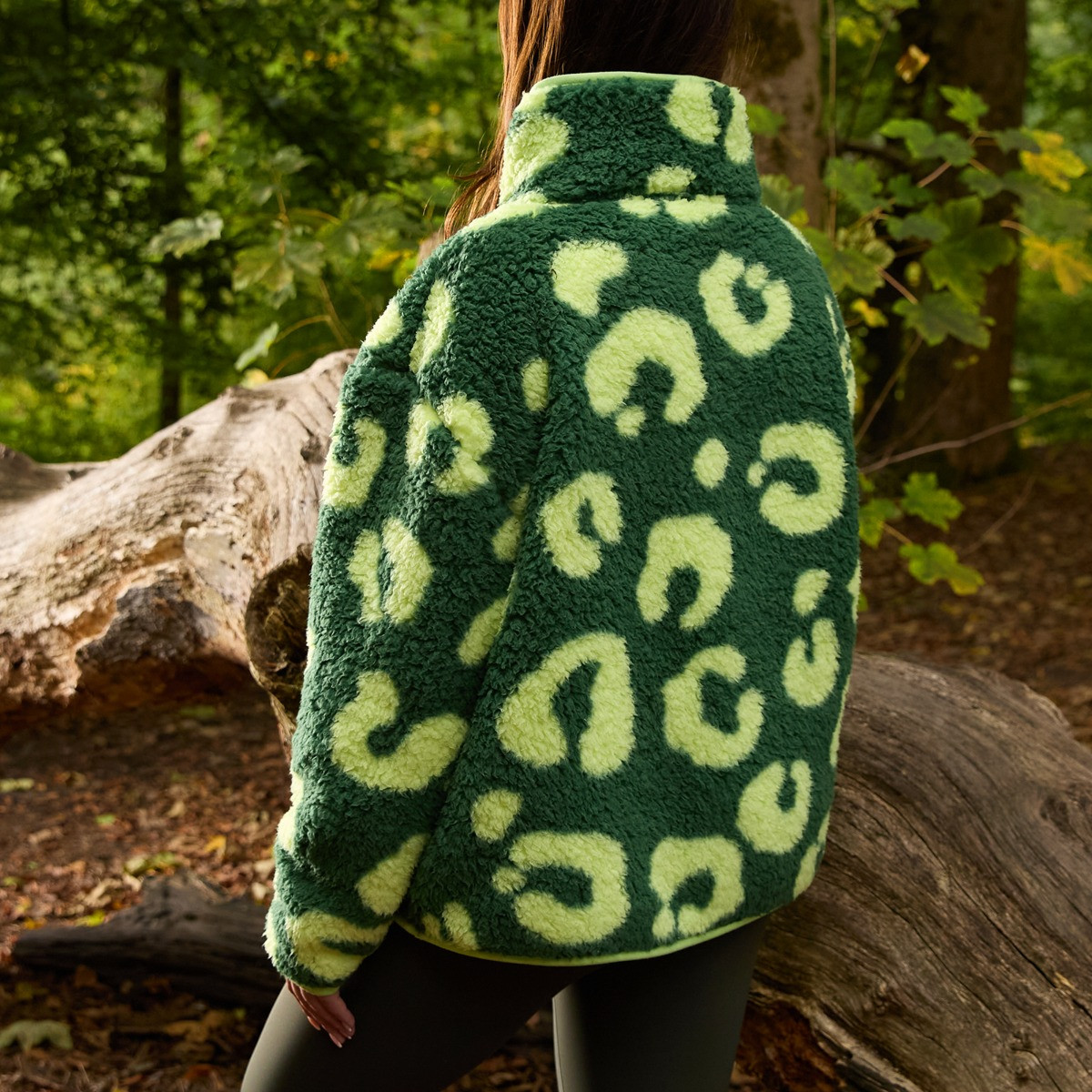 OHS Teddy Abstract Leopard Print Half Zip Fleece - Green>
