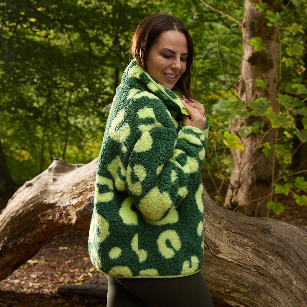 OHS Teddy Abstract Leopard Print Half Zip Fleece - Green>