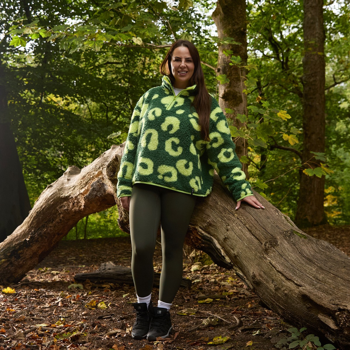 OHS Teddy Abstract Leopard Print Half Zip Fleece - Green