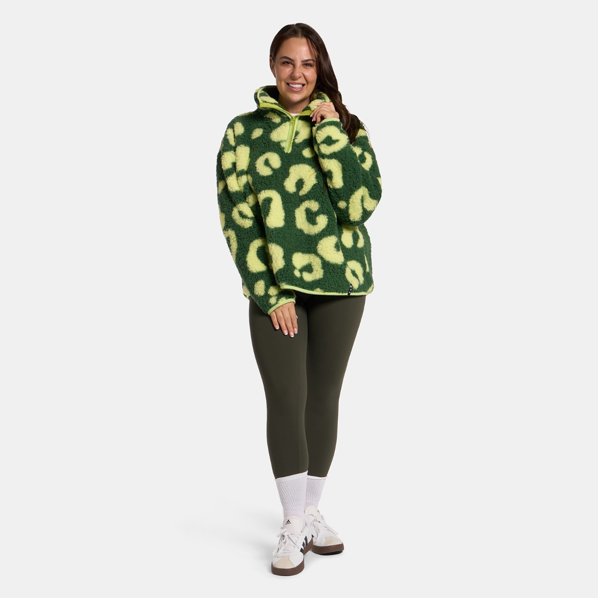 OHS Teddy Abstract Leopard Print Half Zip Fleece, Green - Small/Medium>