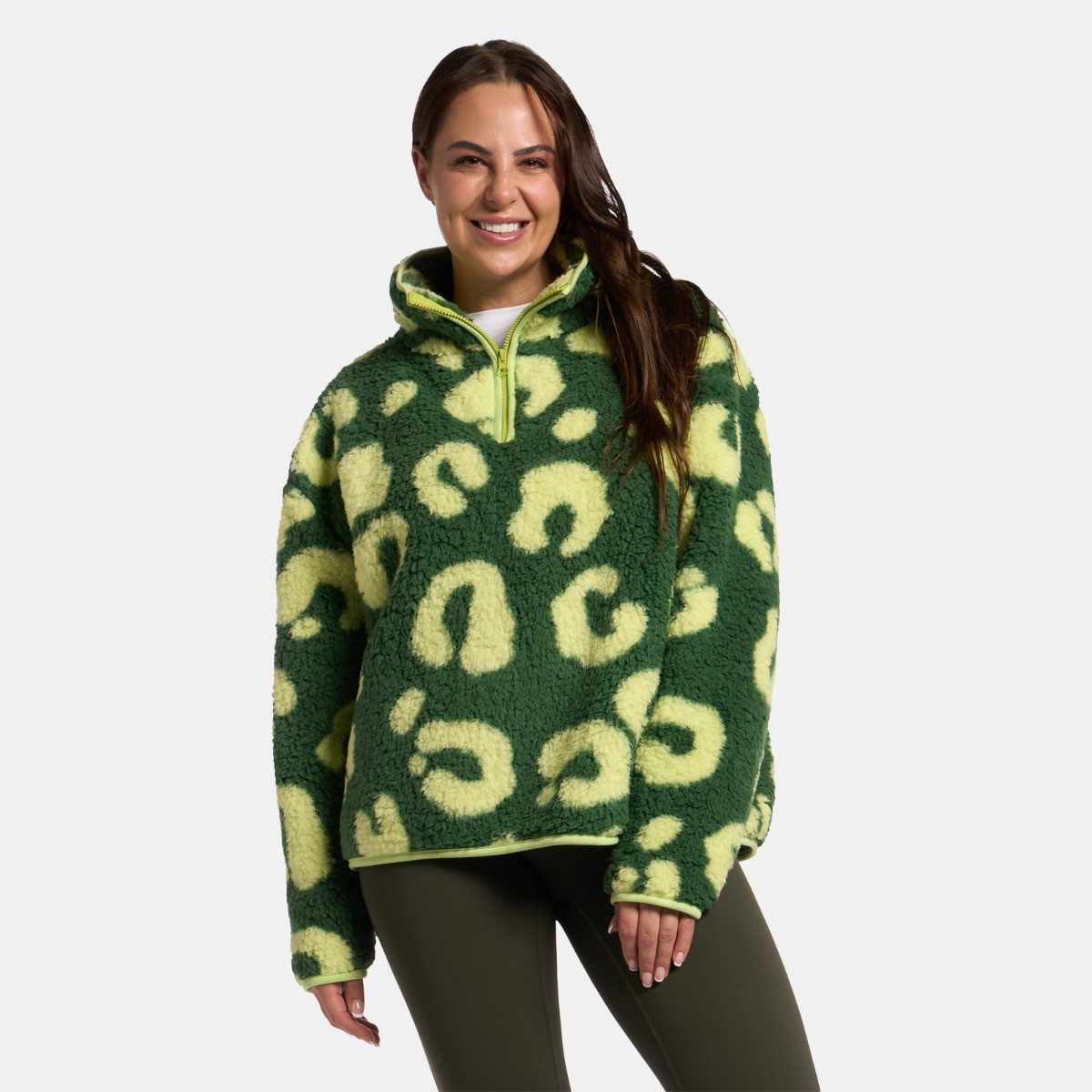 OHS Teddy Abstract Leopard Print Half Zip Fleece - Green>