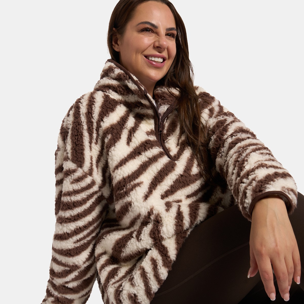 OHS Teddy Zebra Print Half Zip Fleece - Brown>