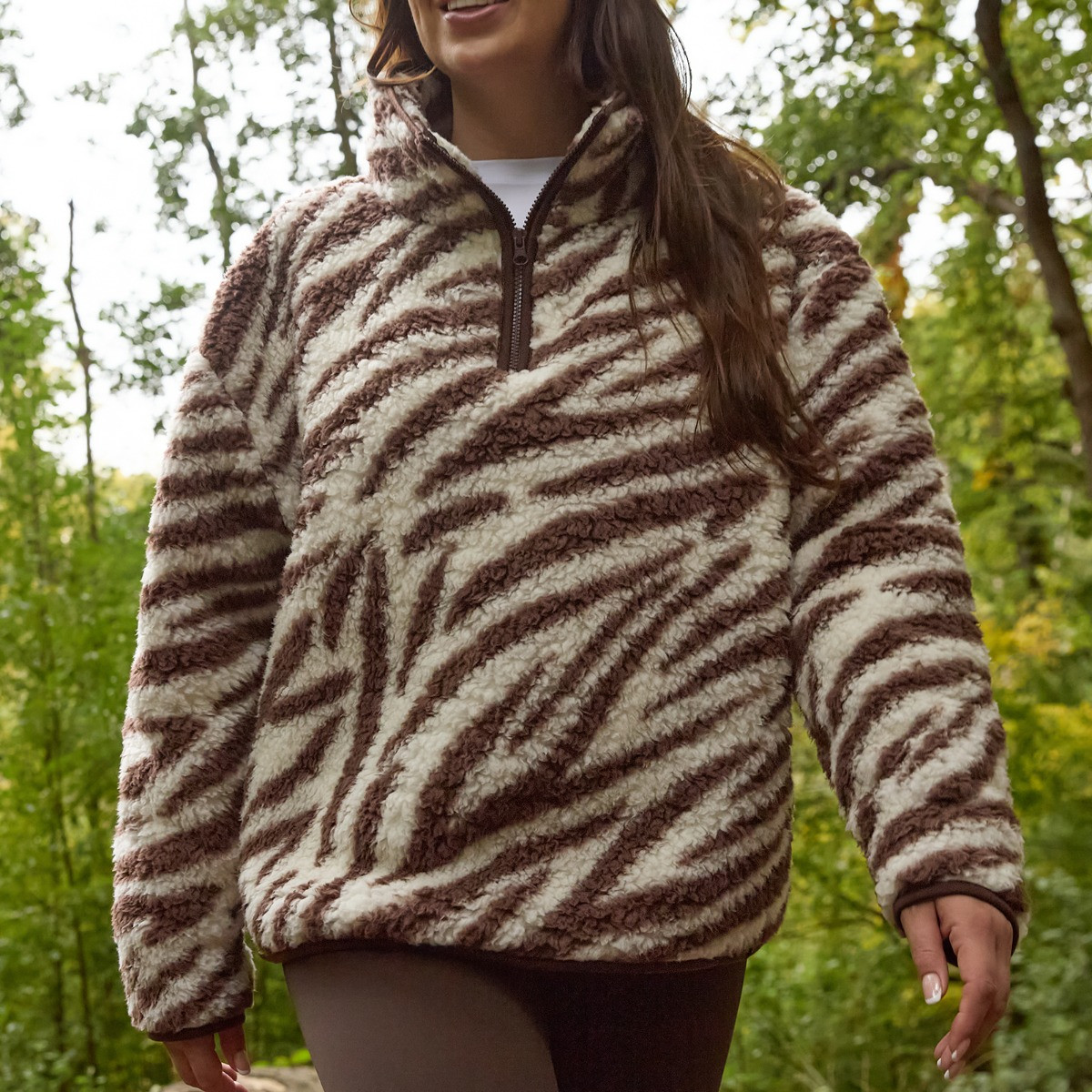 OHS Teddy Zebra Print Half Zip Fleece, Brown - Large/Extra Large>