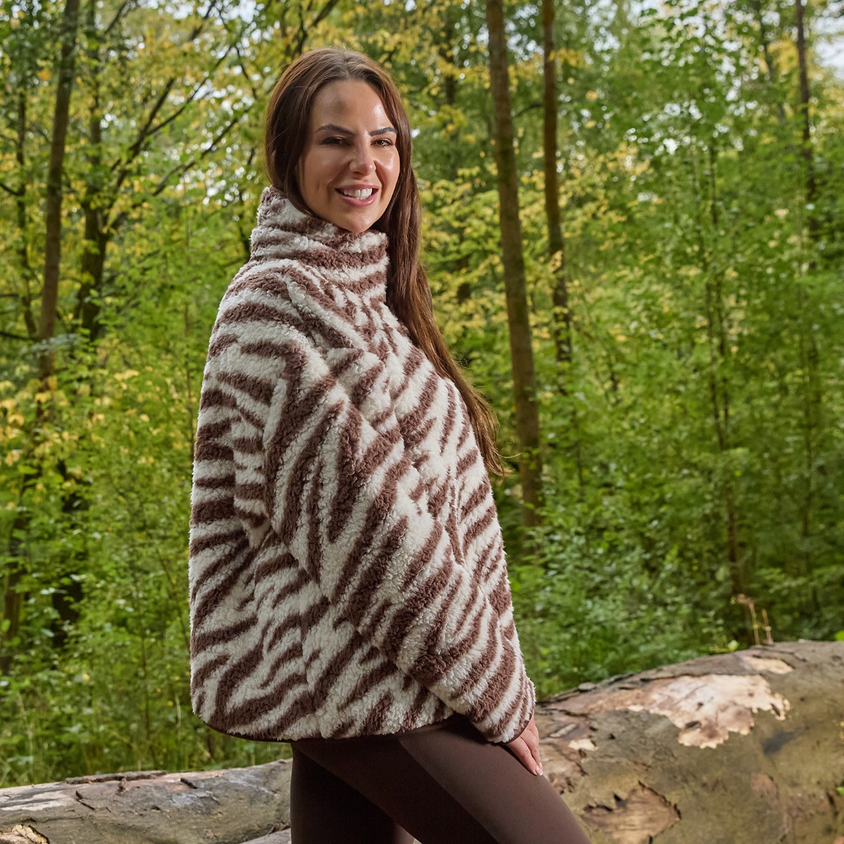 OHS Teddy Zebra Print Half Zip Fleece - Brown>