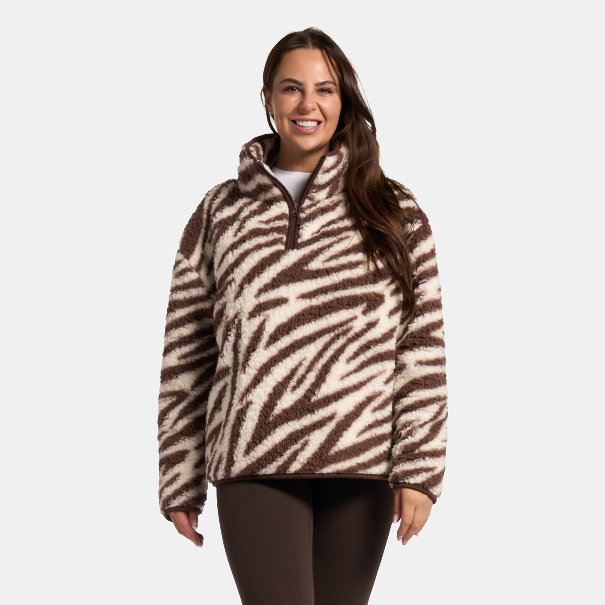 OHS Teddy Zebra Print Half Zip Fleece - Brown>
