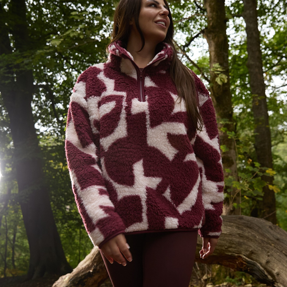 OHS Teddy Geometric Print Half Zip Fleece - Burgundy/White>