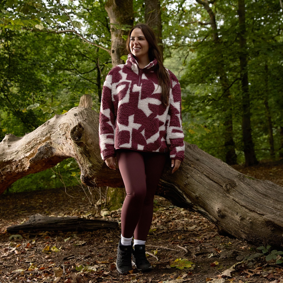 OHS Teddy Geometric Print Half Zip Fleece - Burgundy/White>