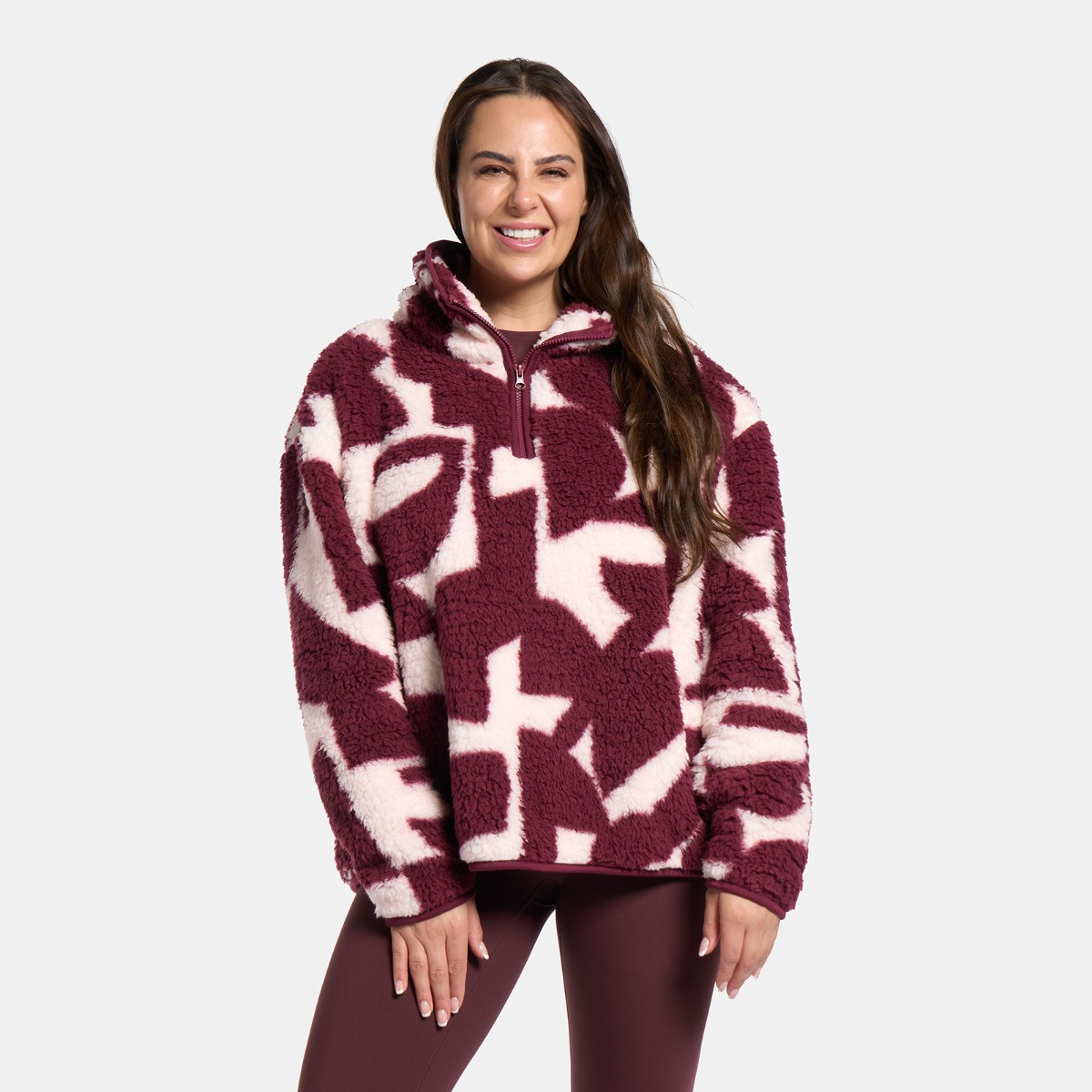 OHS Teddy Geometric Print Half Zip Fleece - Burgundy/White>