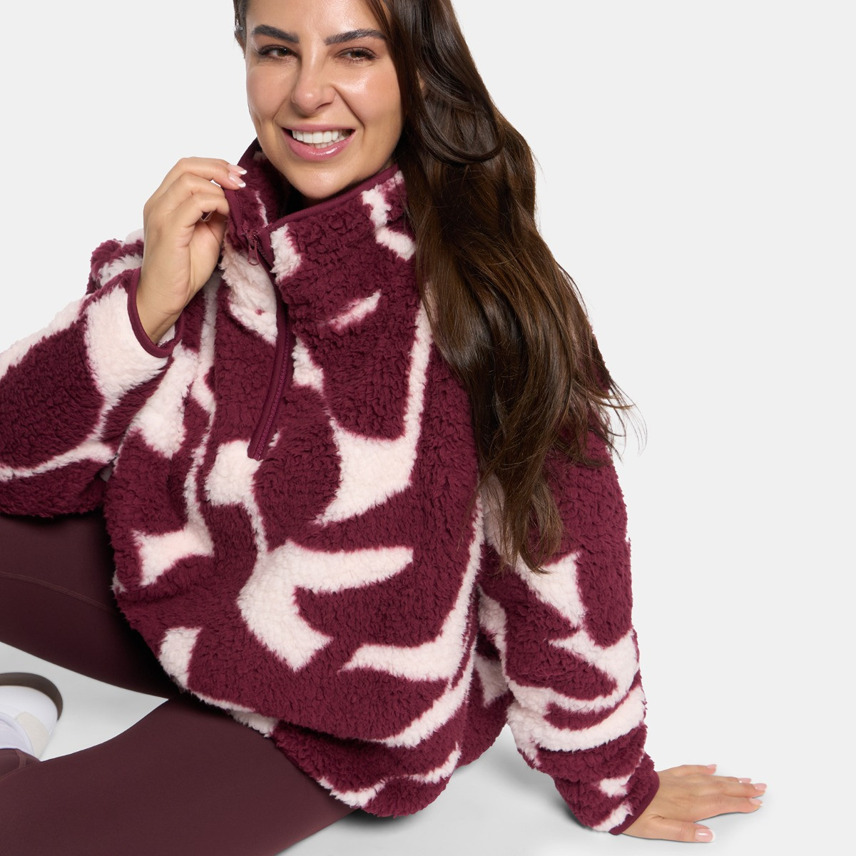 OHS Teddy Geometric Print Half Zip Fleece - Burgundy/White>