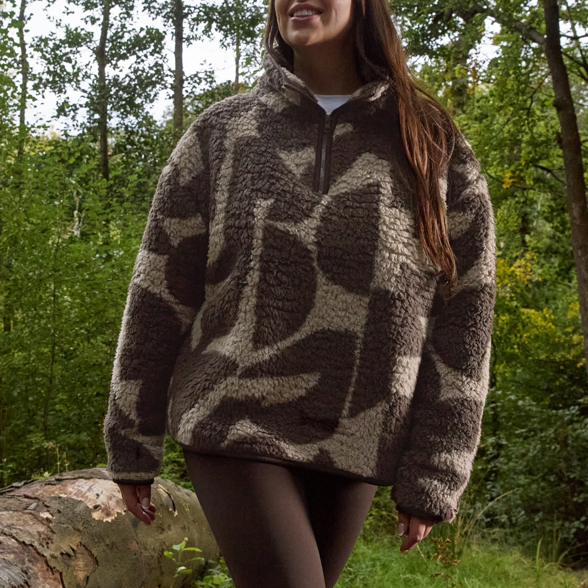 OHS Teddy Geometric Print Half Zip Fleece, Brown/Natural - Small/Medium>