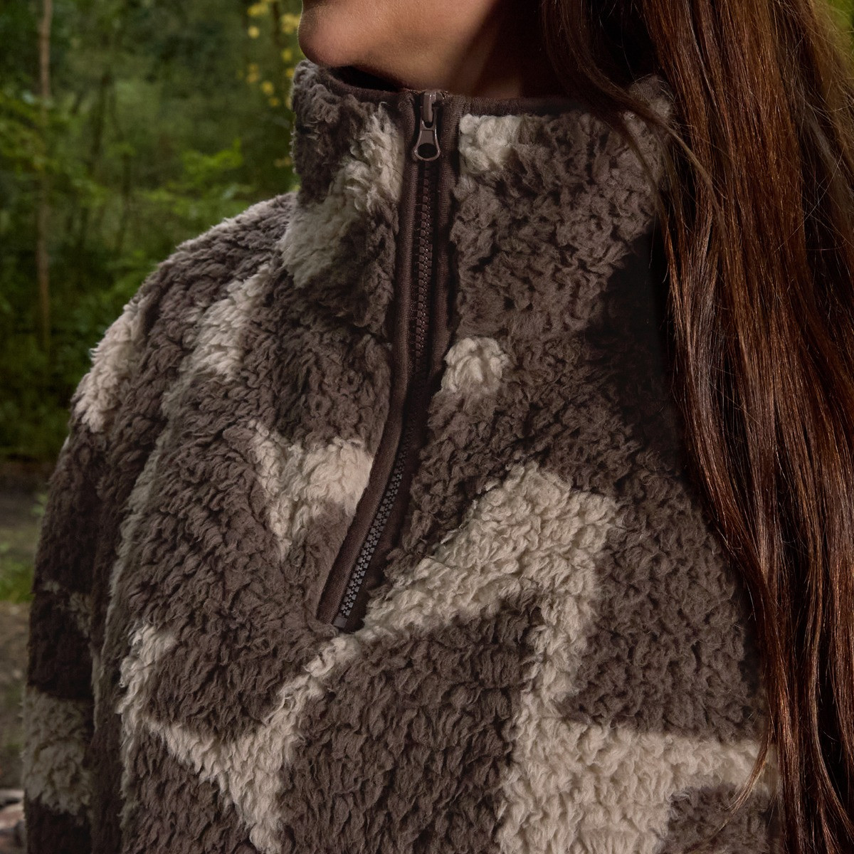 OHS Teddy Geometric Print Half Zip Fleece, Brown/Natural - Small/Medium>