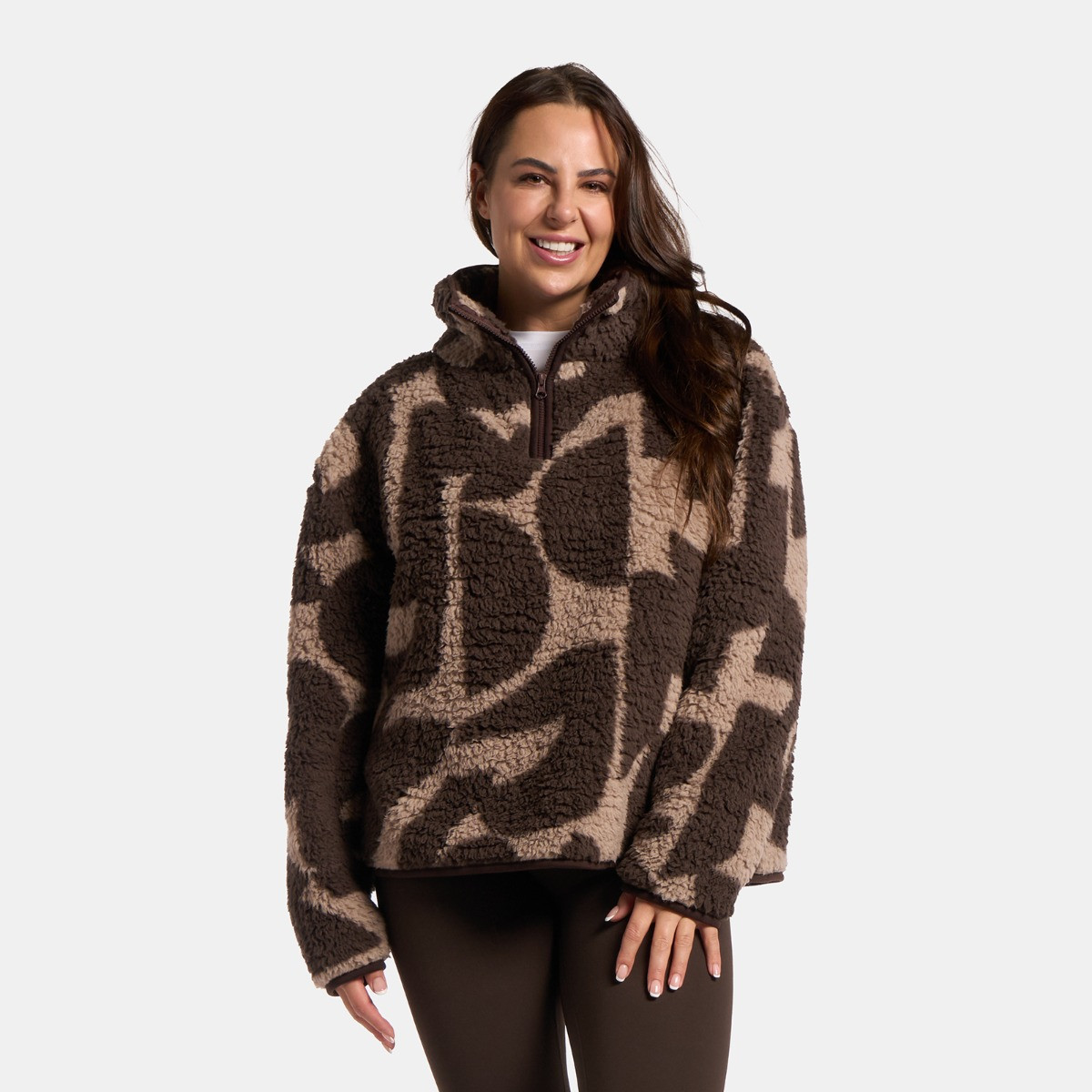 OHS Teddy Geometric Print Half Zip Fleece, Brown/Natural - Small/Medium>