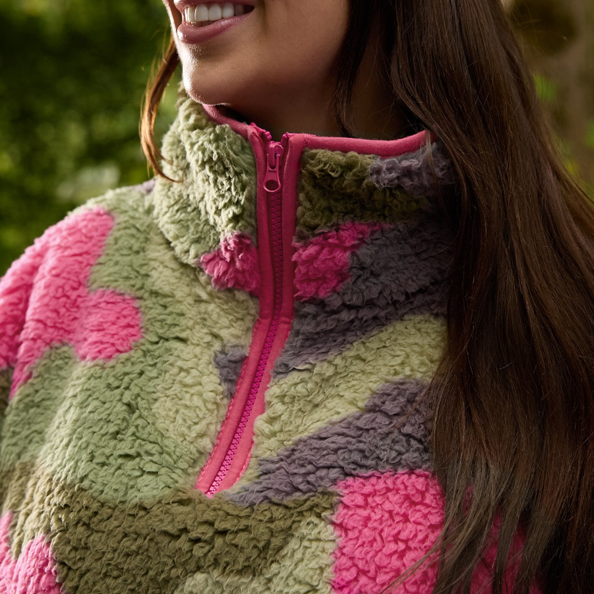 OHS Teddy Camo Print Half Zip Fleece, Pink/Green - Large/Extra Large>