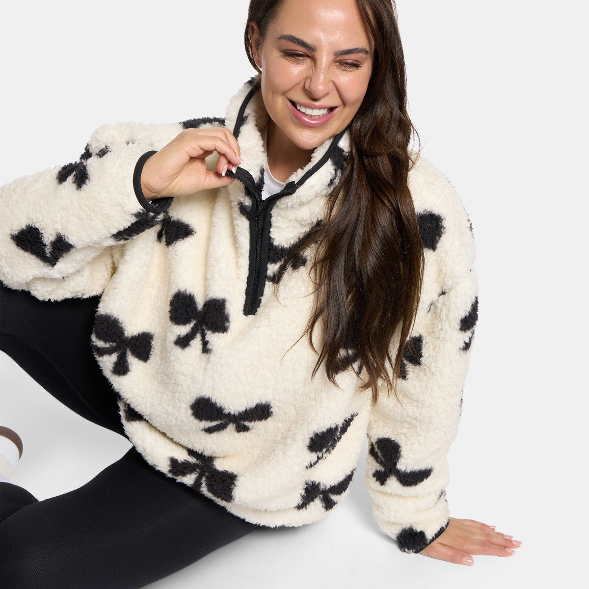 OHS Teddy Bow Print Half Zip Fleece - Monochrome>