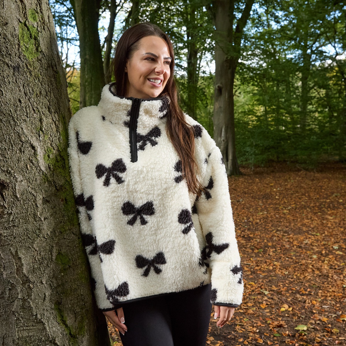 OHS Teddy Bow Print Half Zip Fleece - Monochrome>