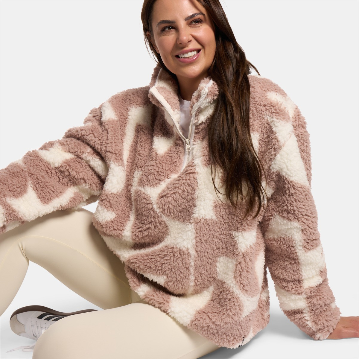 OHS Teddy Geometric Print Half Zip Fleece - Beige>