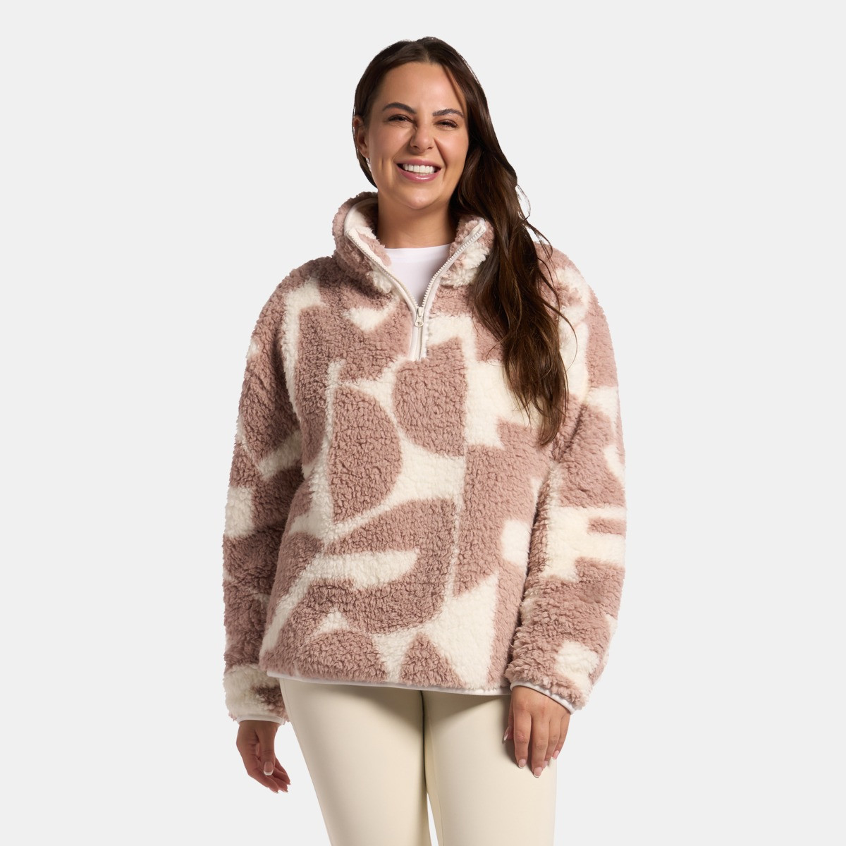 OHS Teddy Geometric Print Half Zip Fleece - Beige>