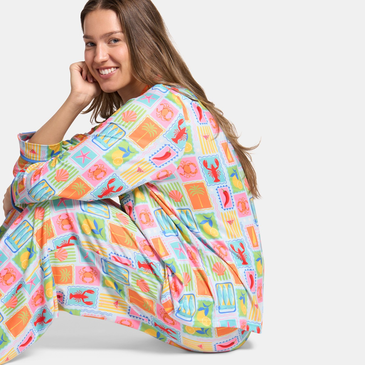 OHS Postcard Print Piped Edge Jersey Pyjama Set, Blue - Small/Medium>