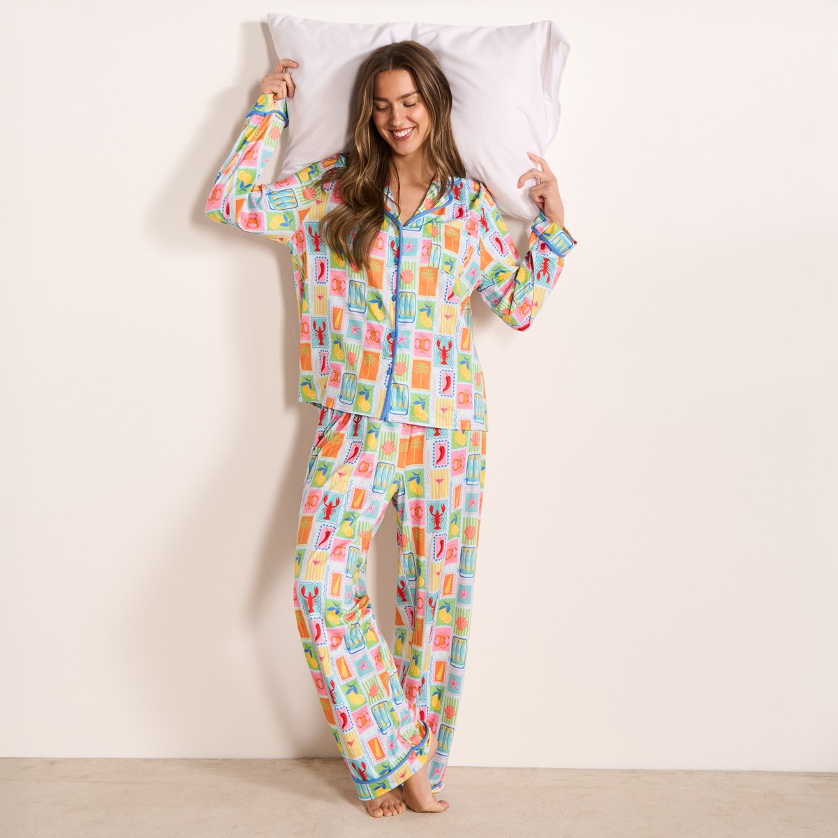 OHS Postcard Print Piped Edge Jersey Pyjama Set - Blue>