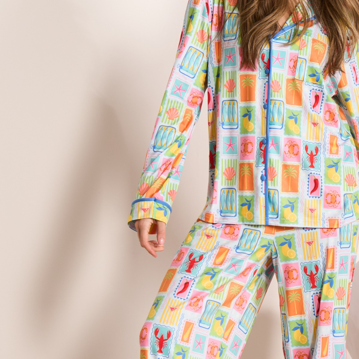 OHS Postcard Print Piped Edge Jersey Pyjama Set, Blue - Small/Medium>