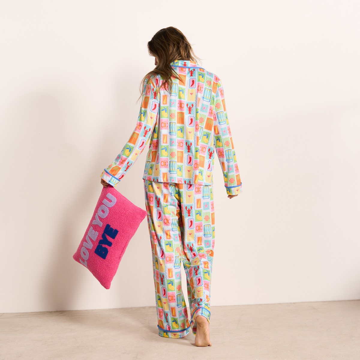 OHS Postcard Print Piped Edge Jersey Pyjama Set, Blue - Small/Medium>