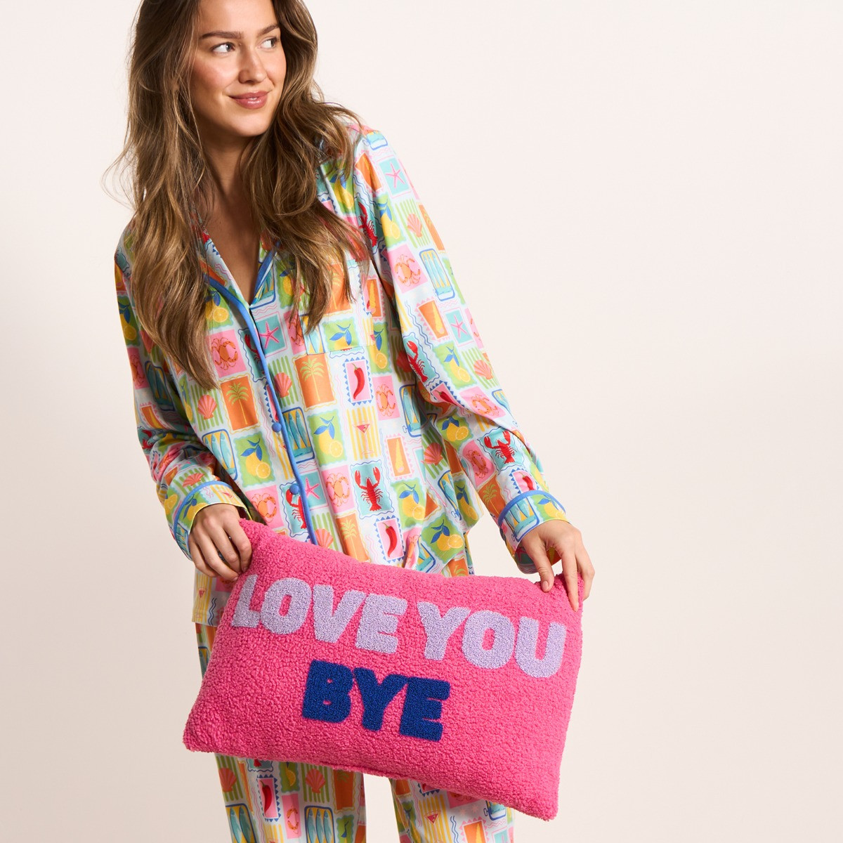 OHS Postcard Print Piped Edge Jersey Pyjama Set, Blue - Small/Medium>