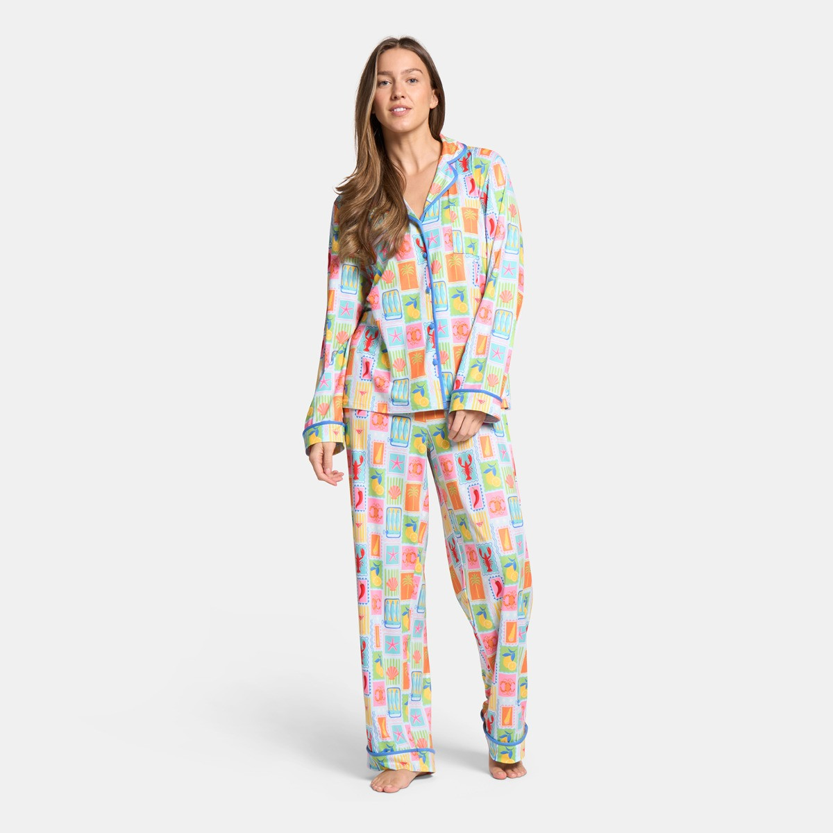 OHS Postcard Print Piped Edge Jersey Pyjama Set, Blue - Small/Medium>