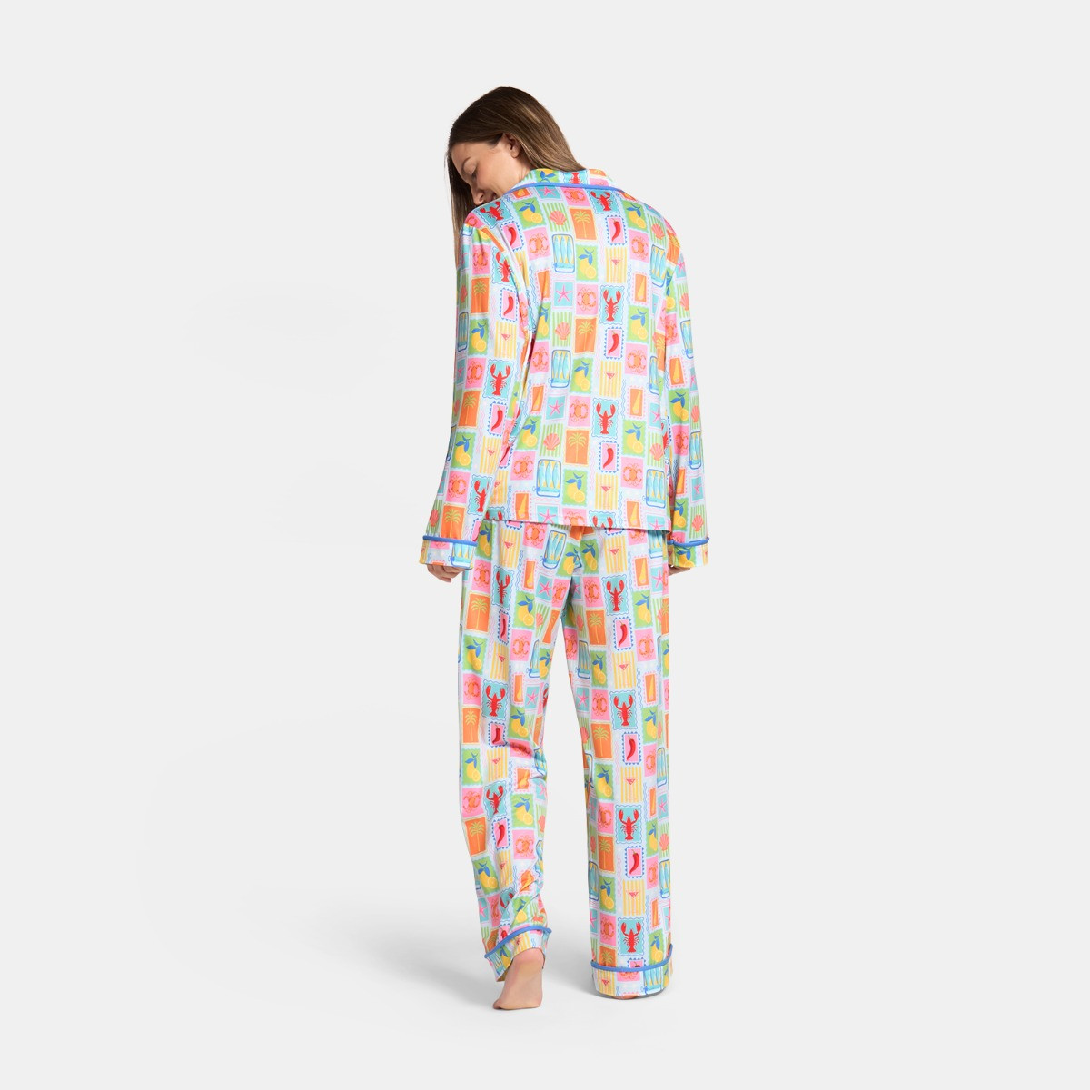 OHS Postcard Print Piped Edge Jersey Pyjama Set, Blue - Small/Medium>