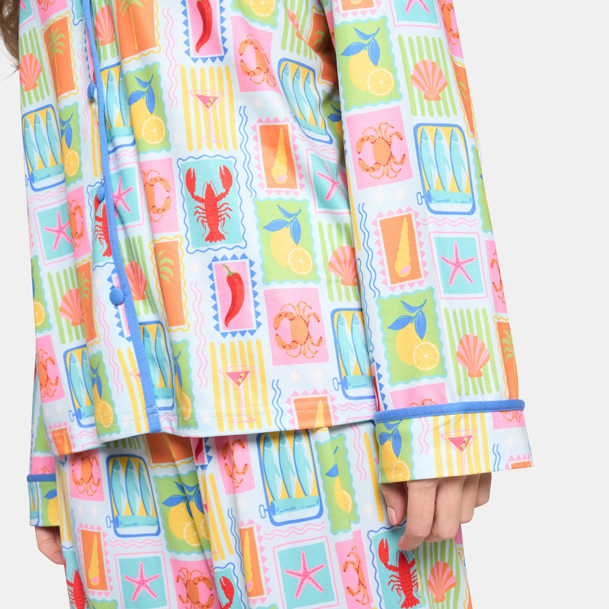 OHS Postcard Print Piped Edge Jersey Pyjama Set, Blue - Small/Medium>