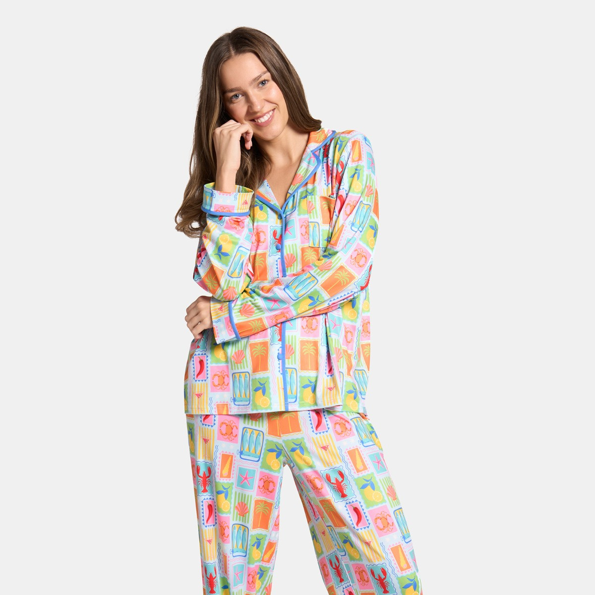 OHS Postcard Print Piped Edge Jersey Pyjama Set, Blue - Small/Medium>