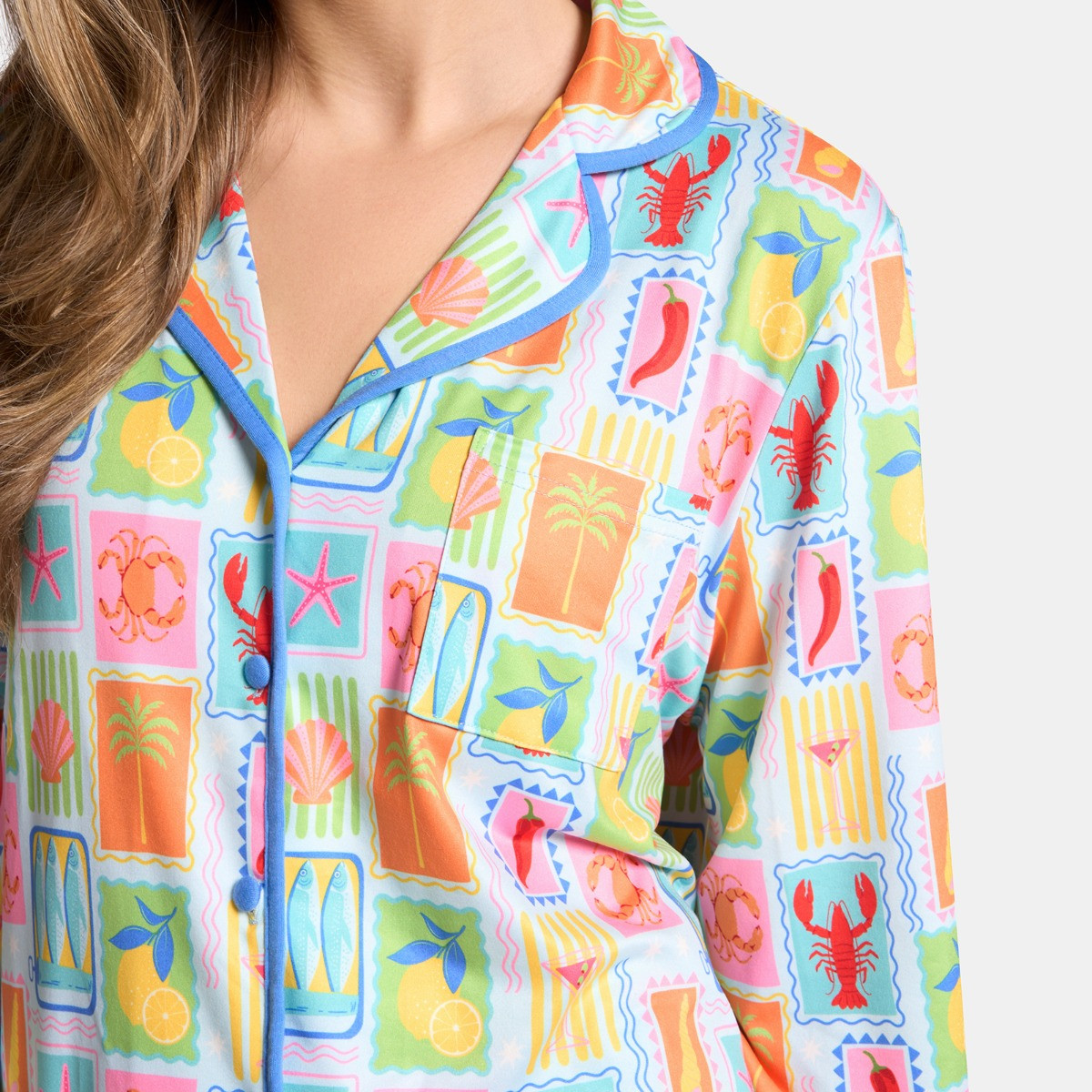 OHS Postcard Print Piped Edge Jersey Pyjama Set, Blue - Small/Medium>