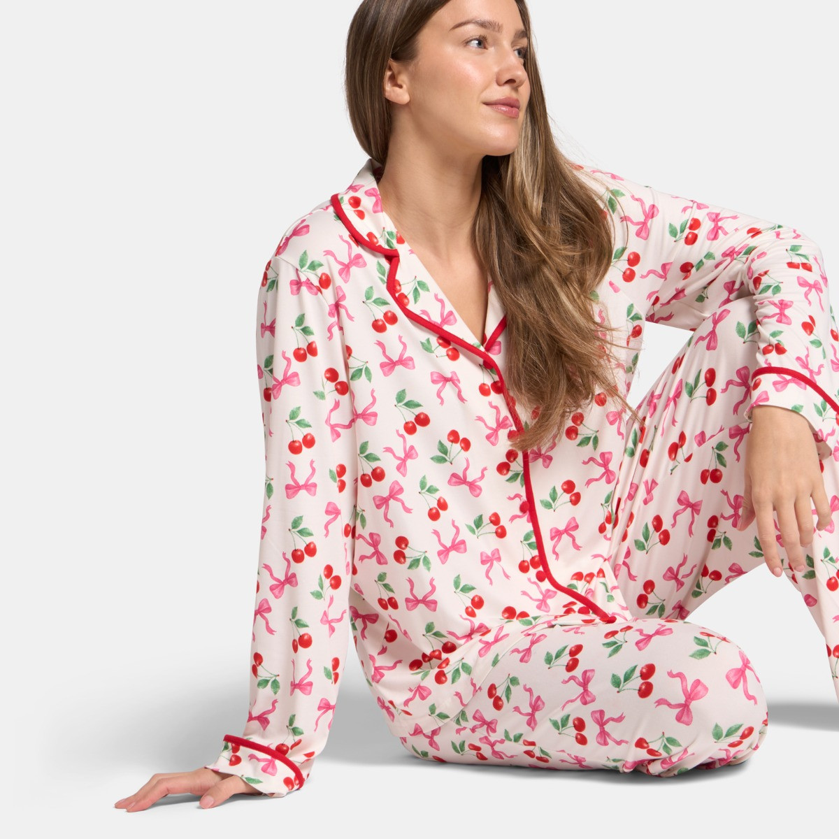 OHS Cherry Bow Print Piped Edge Jersey Pyjama Set, White/Pink - Small/Medium>