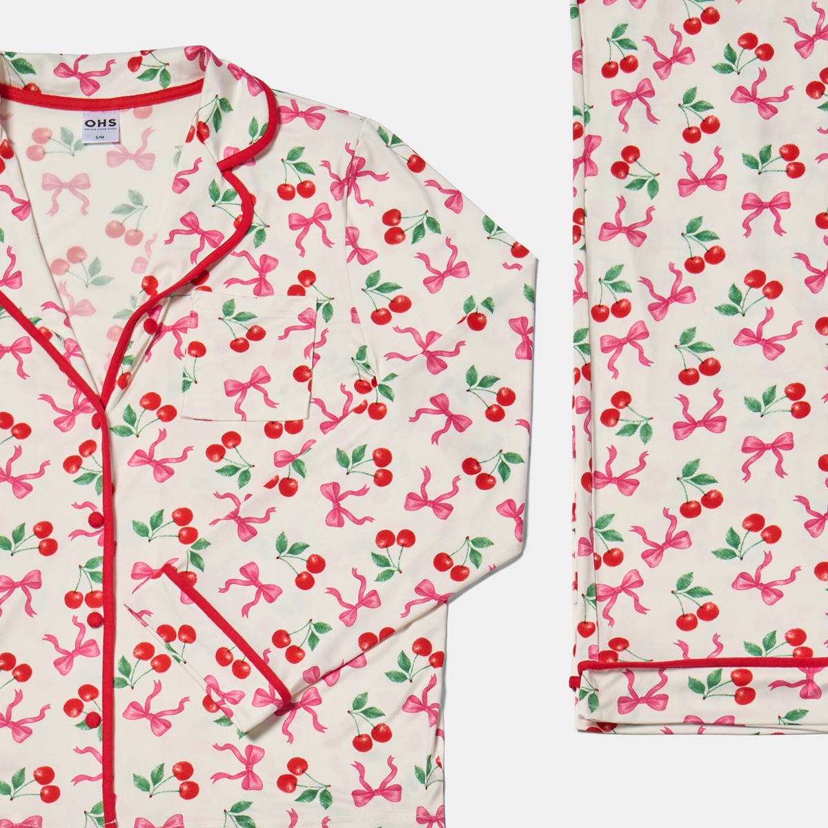 OHS Cherry Bow Print Piped Edge Jersey Pyjama Set, White/Pink - Small/Medium>