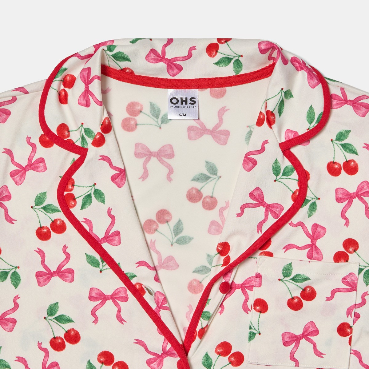 OHS Cherry Bow Print Piped Edge Jersey Pyjama Set, White/Pink - Small/Medium>