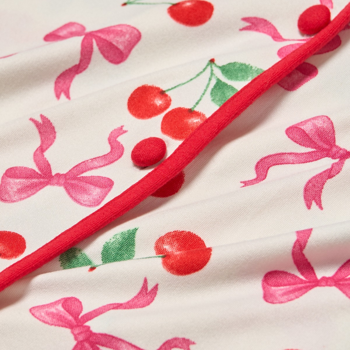 OHS Cherry Bow Print Piped Edge Jersey Pyjama Set, White/Pink - Small/Medium>
